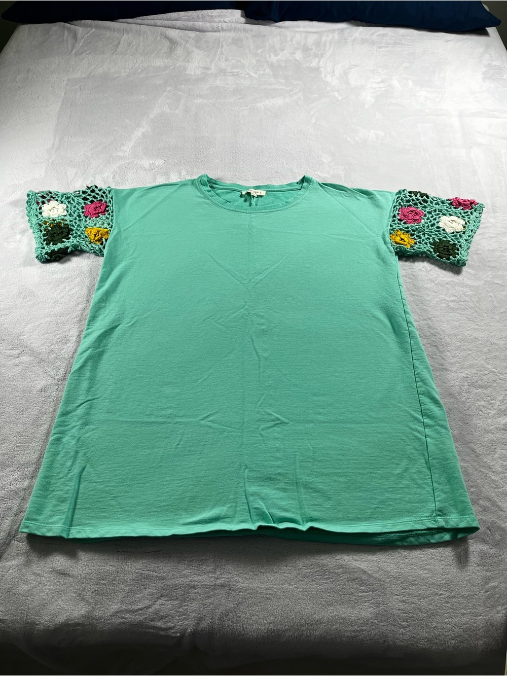 Umgee + XL Crocheted Short Sleeves Long Waisted Shirt Turquoise Color